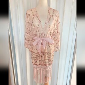 Suzy Shier Pink Floral Fringed Belted Kimono Robe Coverup- SZ S-M